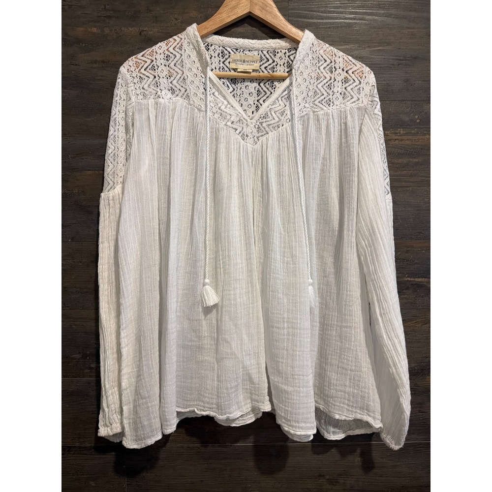 Denim & Supply Ralph Lauren White Cotton Lace Peasant Blouse Boho Tassel Top M